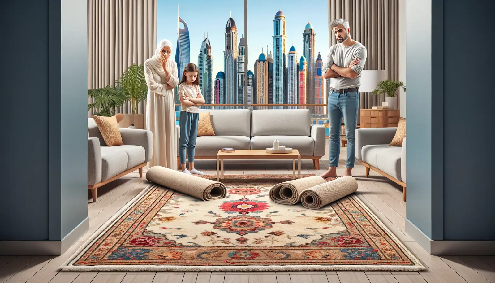 A family in Dubai disappointed with a custom carpet delivery due to incorrect size, mismatched colors, and poor quality.