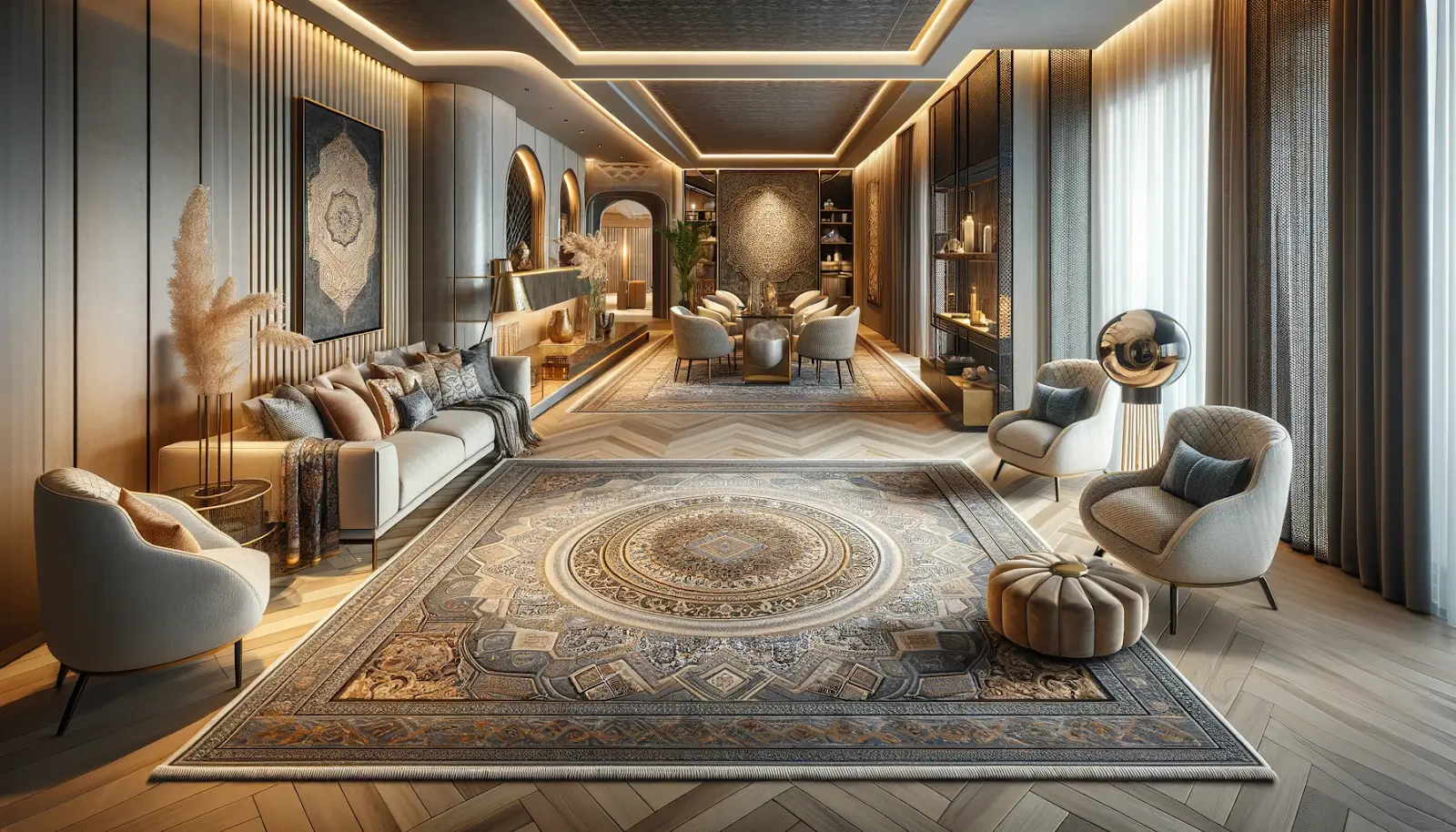 Custom rugs and carpets in modern and traditional designs, showcasing luxury, style, and personalization for Dubai homes.