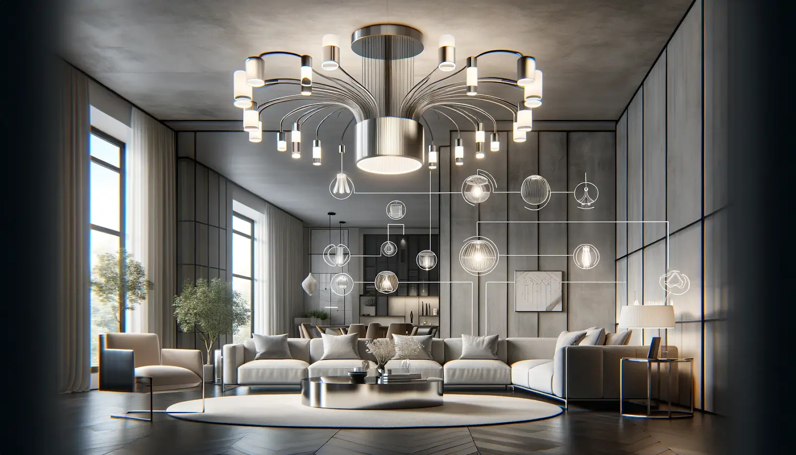 Modern chandelier with clean lines and minimalist design, featuring brushed steel, chrome, or glass. Ideal for contemporary spaces with LED and smart lighting options.