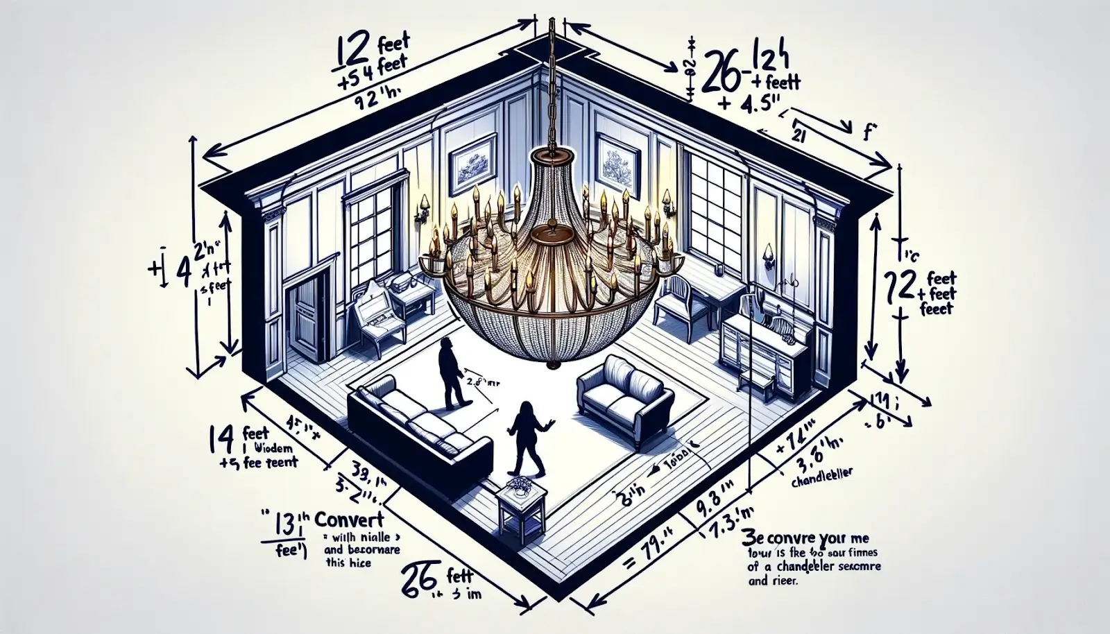 Chandelier size guide for perfect placement—long ceiling lights for high ceilings and small chandeliers for intimate spaces. Ideal for dining areas, living rooms, and open spaces.