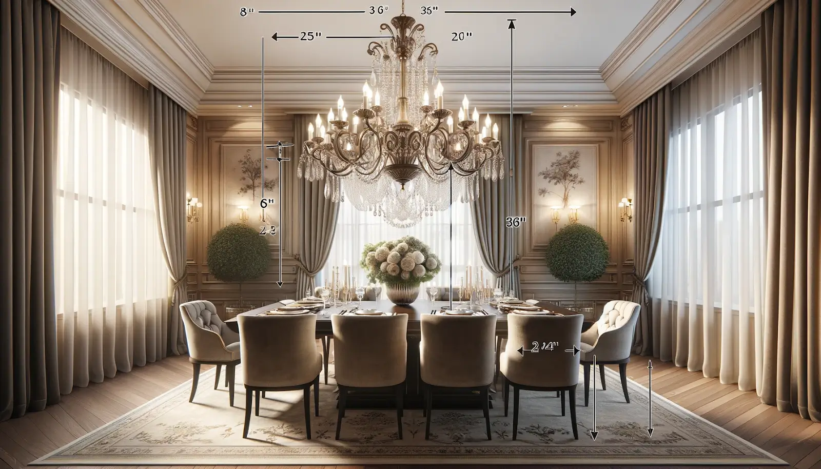 Chandelier placement guide—ideal size for dining tables and open spaces. Hang 30-34 inches above the table for 8-foot ceilings, adjusting 3 inches per extra foot. Ensure balance and unobstructed views.