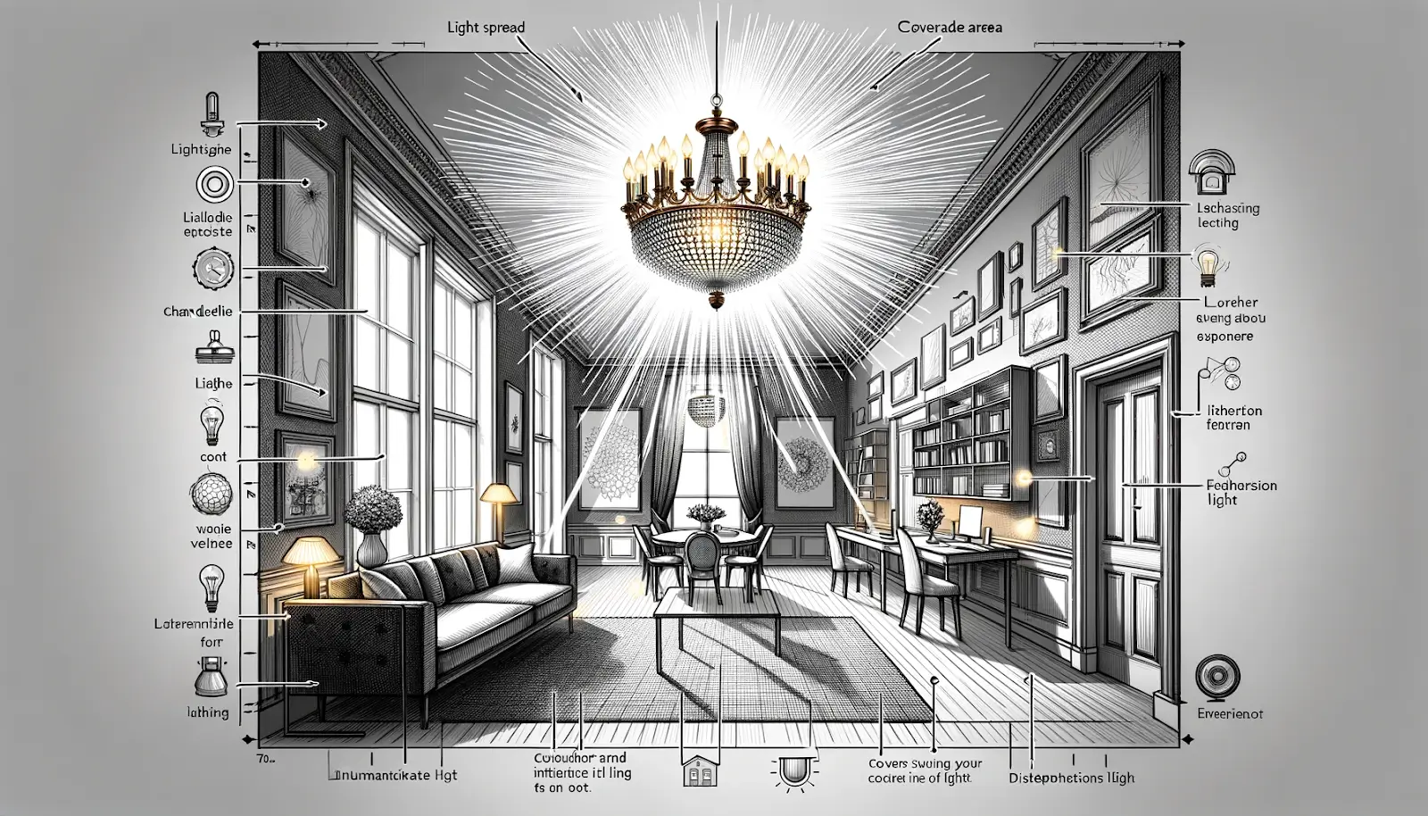 Chandelier light spread guide—consider bulb count and size for optimal room illumination. Personal preferences and room characteristics are key to achieving the perfect glow.