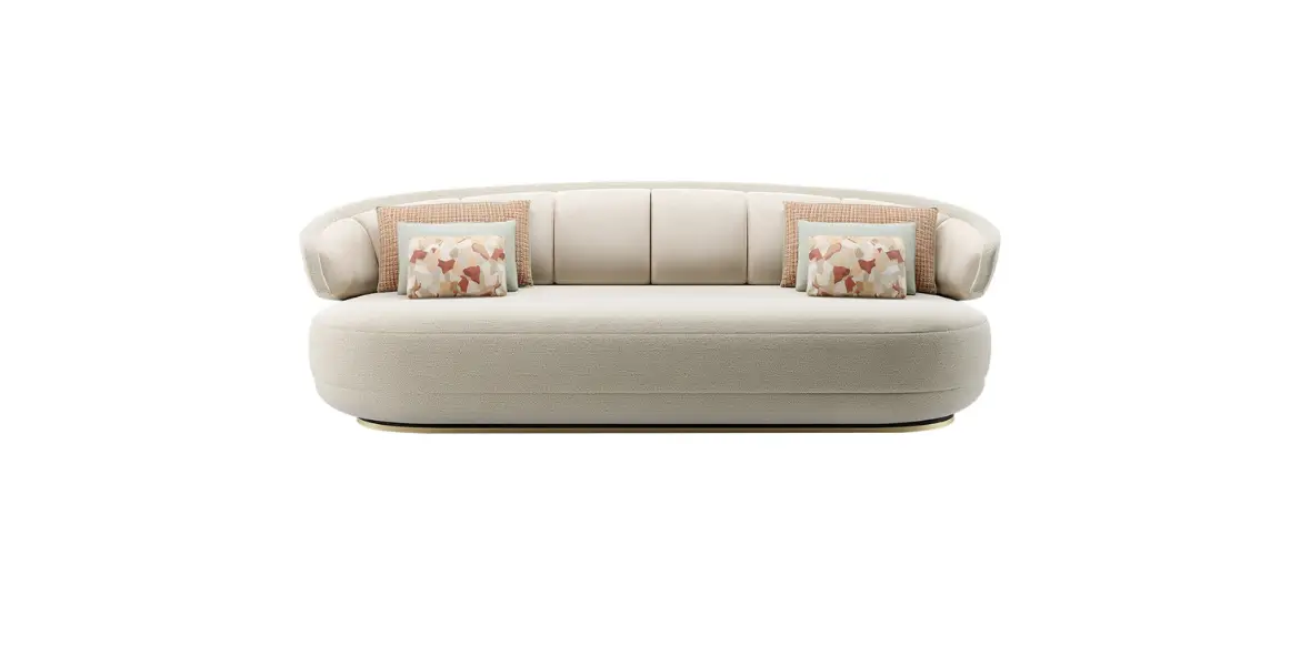 Elegant luxury beige sofa with a curved backrest, plush upholstery, and decorative accent pillows, offering a stylish and comfortable seating option for modern interiors.