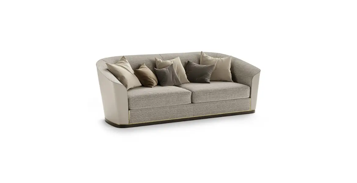 Modern luxury sofa with a curved backrest, upholstered in soft beige and gray fabric, featuring plush cushions for added comfort and elegance. Perfect for sophisticated living spaces.