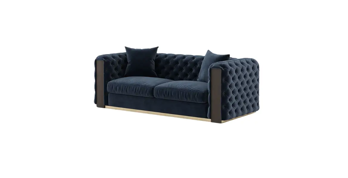 Luxurious deep blue velvet sofa with a tufted design, accented with wooden panel details and a gold base, offering a sophisticated and elegant seating option for modern interiors.