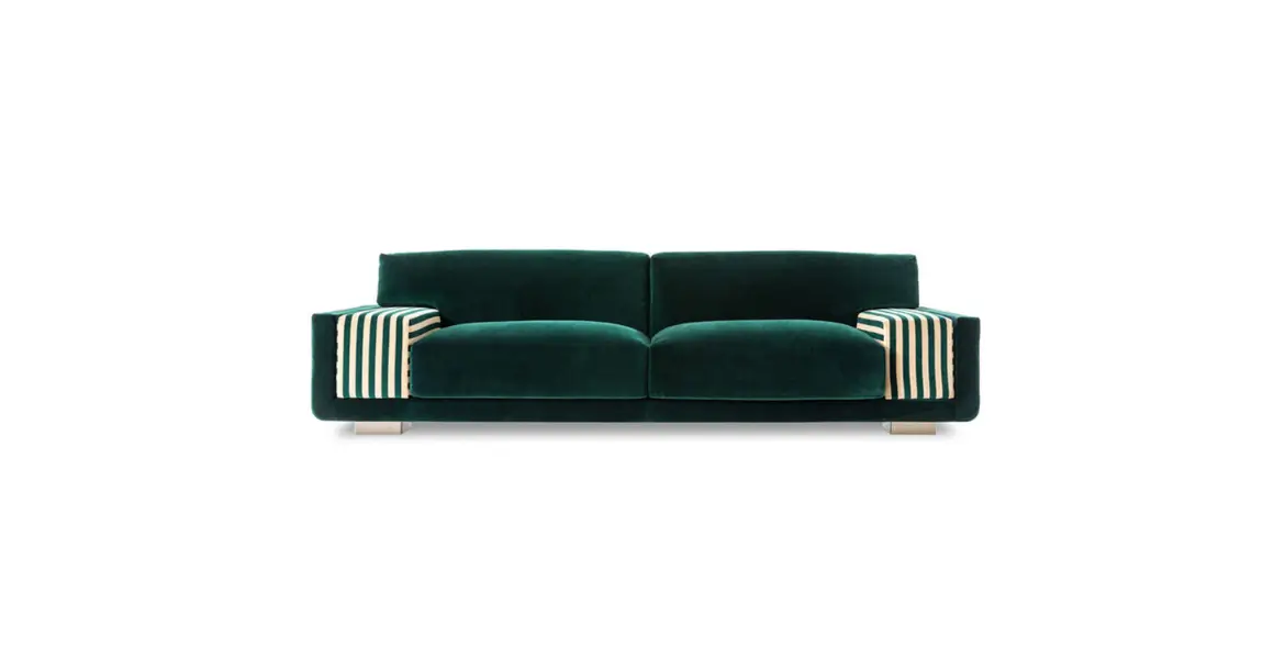 Modern luxury green velvet sofa with plush seating, bold striped armrest details, and sleek metallic legs, offering a stylish and sophisticated touch to any living space.