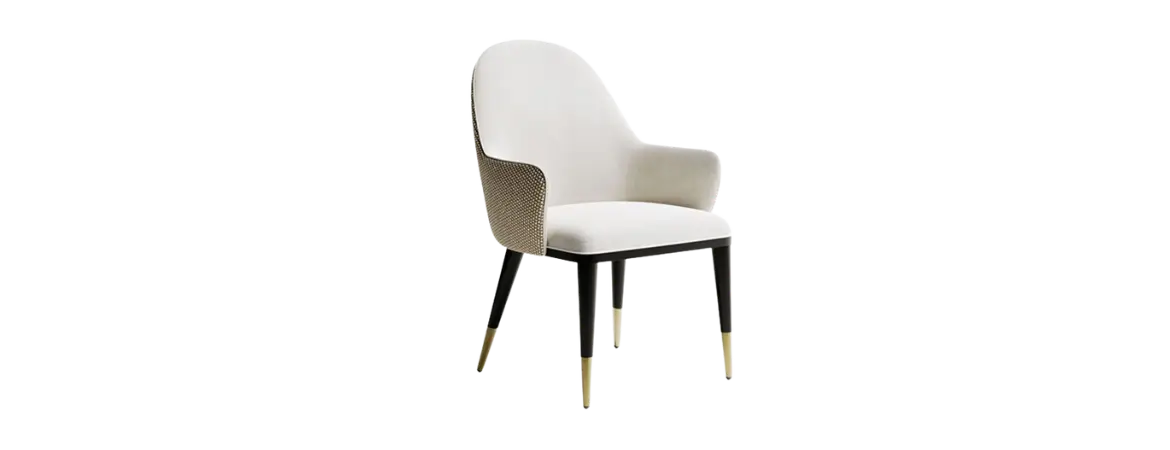 Modern custom restaurant chair with upholstered seat, curved backrest, and gold-tipped black legs – luxury dining furniture by Bold Bespoke Design UAE.