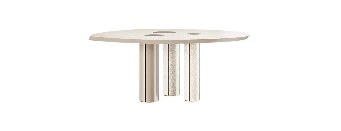 Modern custom restaurant table with round beige top and unique textured metal legs – luxury dining table by Bold Bespoke Design UAE.