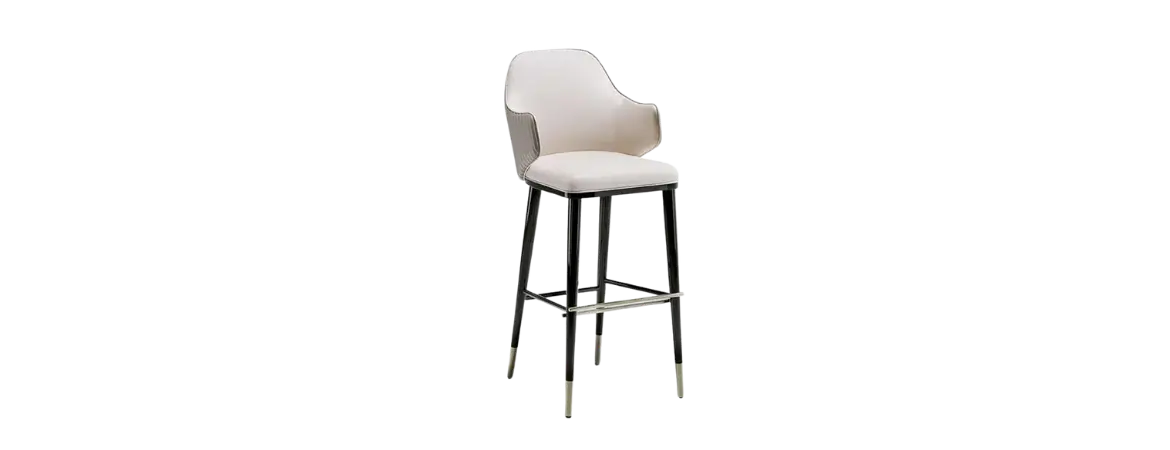 Elegant custom restaurant bar stool with upholstered seat, curved backrest, and metal legs with gold tips – designed by Bold Bespoke Design UAE.