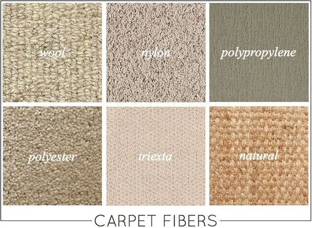 Close-up samples of various carpet fibers including wool, nylon, polypropylene, polyester, triexta, and natural fibers.