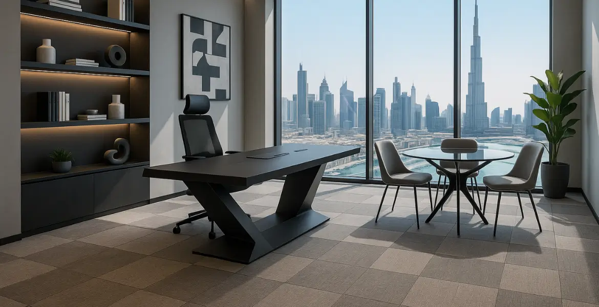 Close-up of carpet tiles flooring in an elegant Dubai office, furnished with a black desk and a modern round glass table.