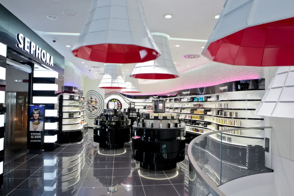 Modern Sephora store interior featuring glossy black floors, bold white and black shelving, large statement pendant lights with red accents, and neatly displayed cosmetics and fragrances throughout the brightly lit space.