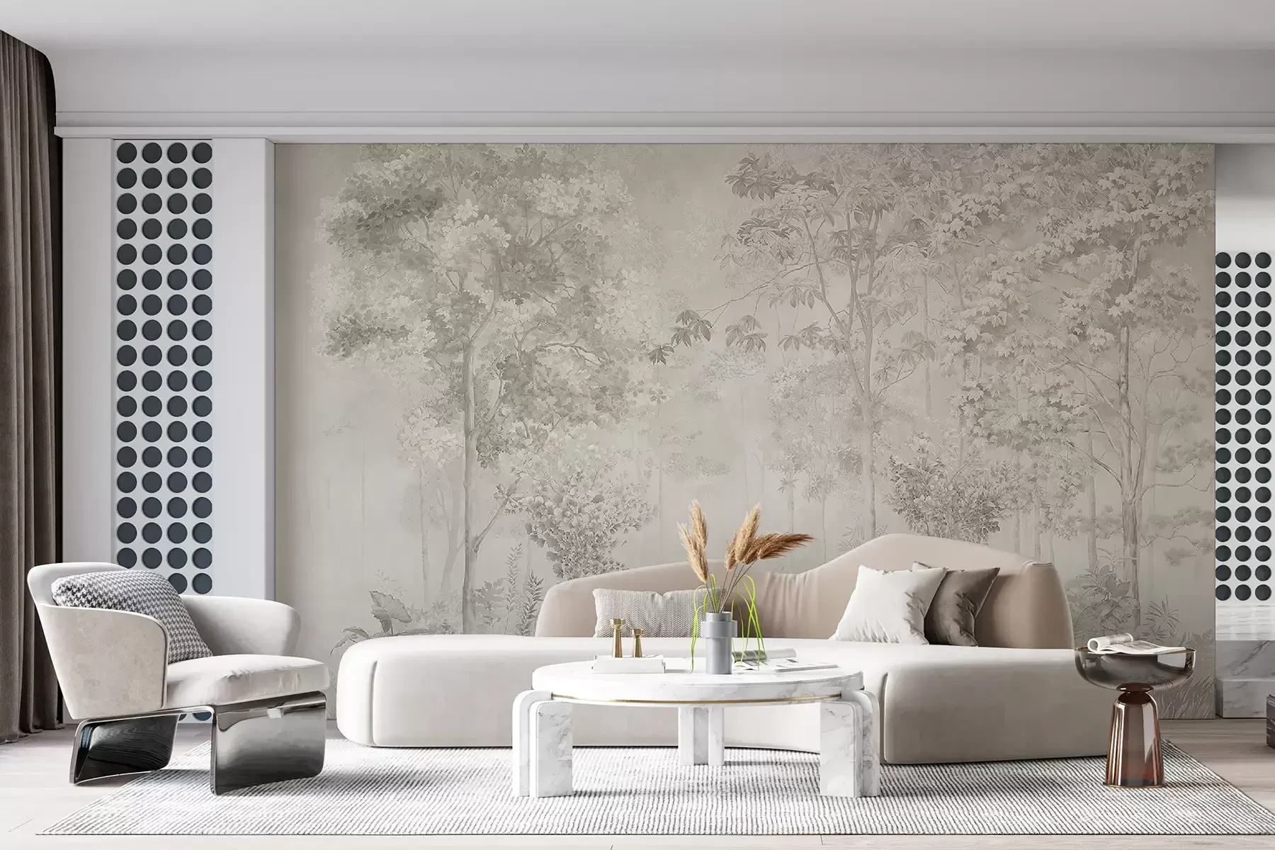 Modern living room with elegant forest wallpaper design as a feature wall, complementing contemporary neutral furniture and minimalist interior style.