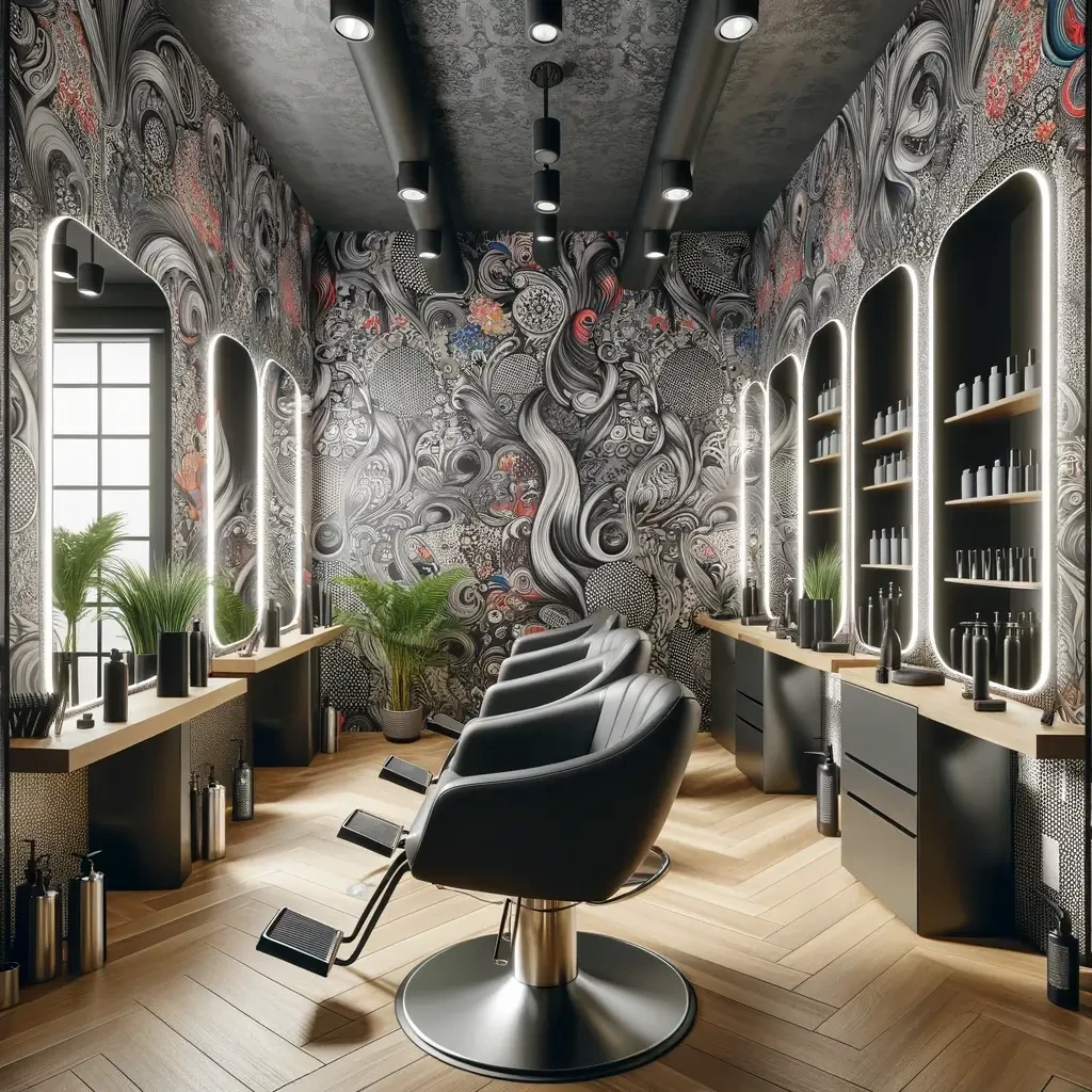 Contemporary hair salon interior with bold, artistic wallpaper design featuring intricate black, grey, and red patterns, stylish salon chairs, illuminated mirrors, and wooden flooring.