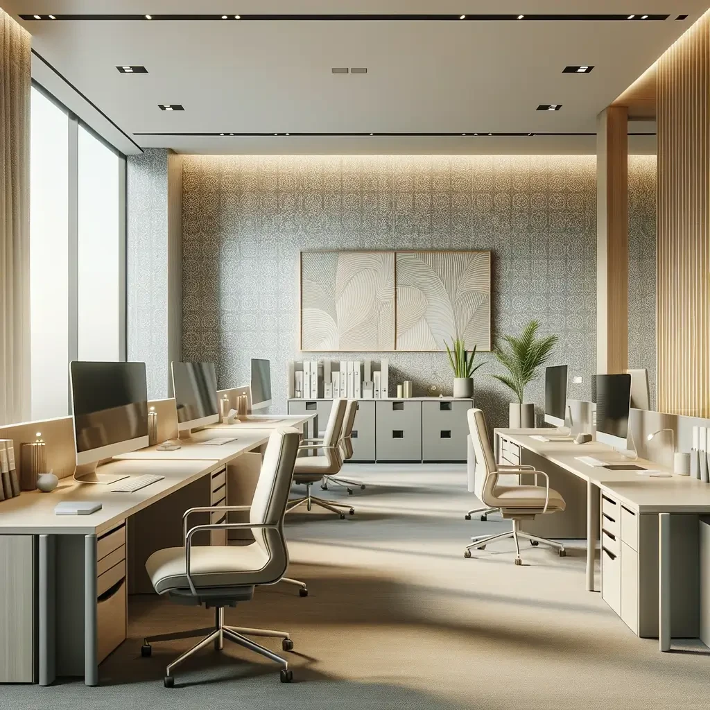 Modern office interior with neutral furniture and a subtle patterned wallpaper design, featuring workstations, ergonomic chairs, large windows, and decorative plants for a stylish and productive workspace.