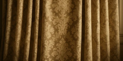 Elegant golden damask curtains with intricate floral patterns, adding a touch of sophistication and luxury to any space.