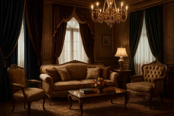Luxurious living room with opulent velvet drapes in deep blue and rich burgundy, complemented by antique furniture, a crystal chandelier, and soft lighting, creating an elegant, vintage atmosphere.