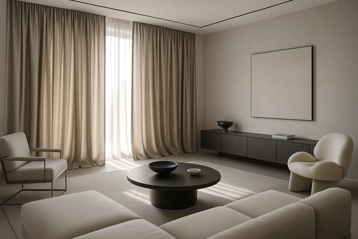 Elegant living room with luxurious silk curtains in soft beige, adding sophistication and a smooth, glossy finish to the space. The minimalist furniture complements the rich texture of the curtains, enhancing the room's refined atmosphere.