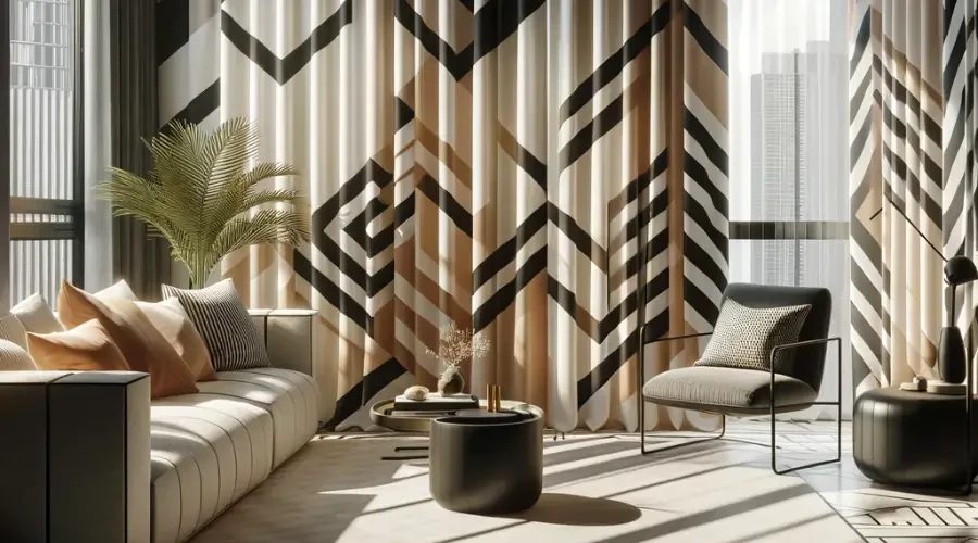 Living room featuring bold geometric pattern curtains in black, white, and beige, adding a modern and dynamic touch to the minimalist furniture and bright, sunlit space.