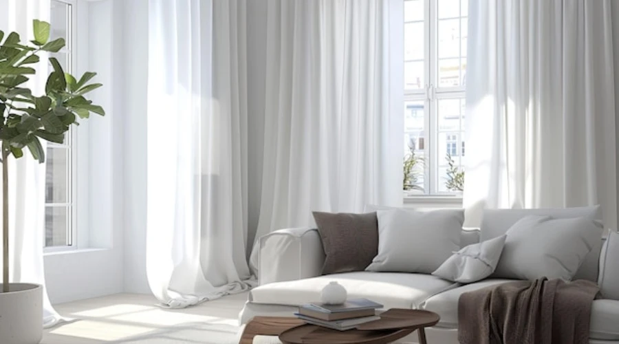 Bright living room with soft white solid curtains, creating a serene and airy atmosphere with natural light.