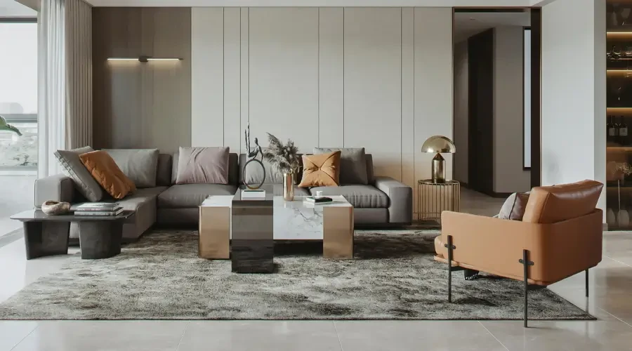 Sophisticated living room with a modern sofa, marble coffee table, and warm accents, blending luxury and contemporary design.