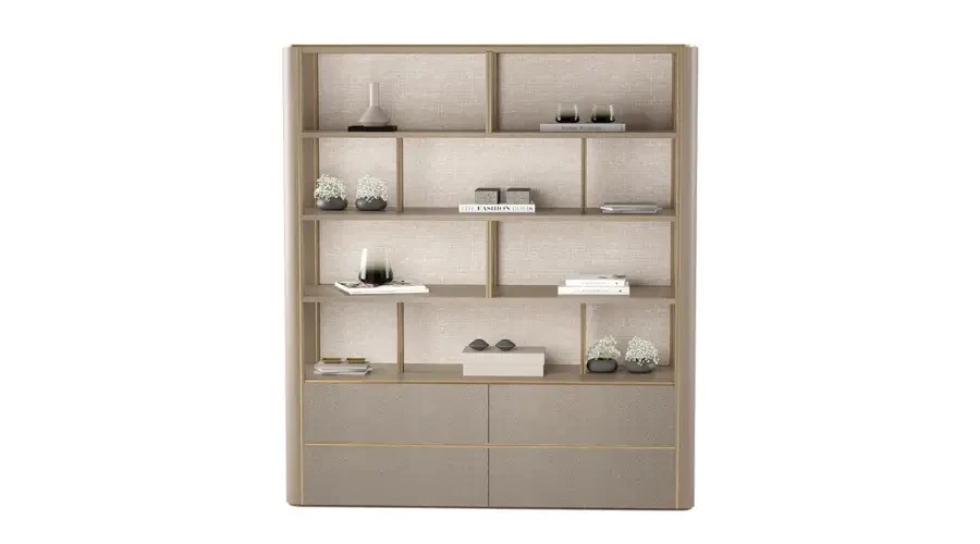 Modern beige bookshelf with open shelving and two drawers, designed by BOLD Bespoke Design for stylish storage and display.