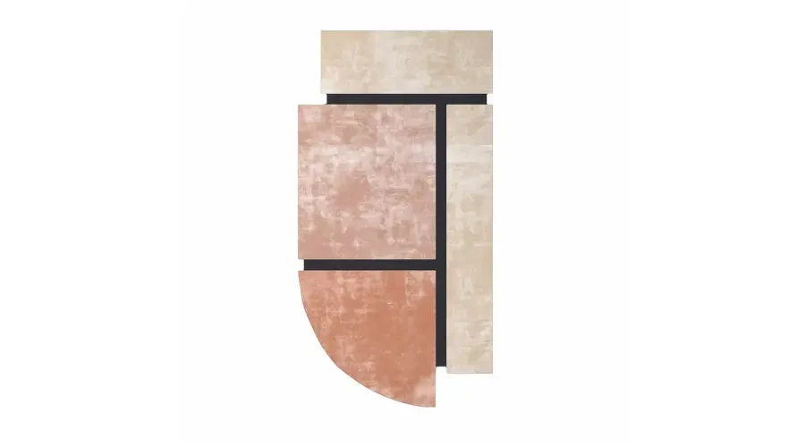 Geometric Segments Carpet featuring a modern design with soft beige, pink, and black geometric shapes, adding a stylish and contemporary element to the room.