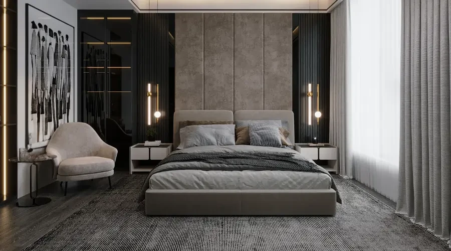 Modern luxury bedroom with a sleek upholstered bed, accent chair, stylish nightstands, and floor-to-ceiling windows in a contemporary Dubai home.