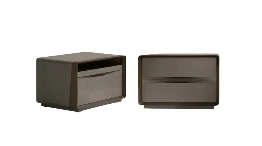 Pair of modern custom nightstands with a sleek, minimalist wood design and spacious drawers, perfect for contemporary bedrooms.