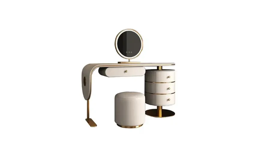 Luxury makeup dresser set with a round illuminated mirror, curved design, three side drawers, and matching upholstered stool in a contemporary style.