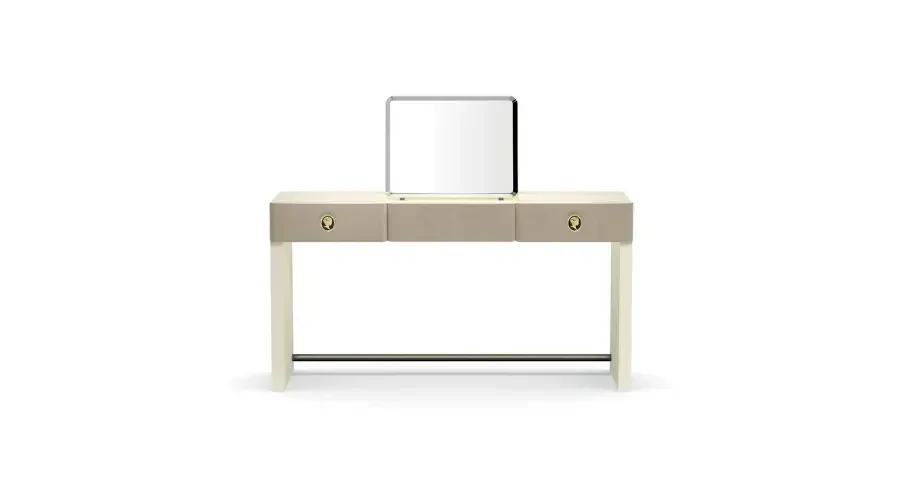 Modern vanity table with a rectangular mirror and minimalist design, featuring three drawers and elegant hardware.