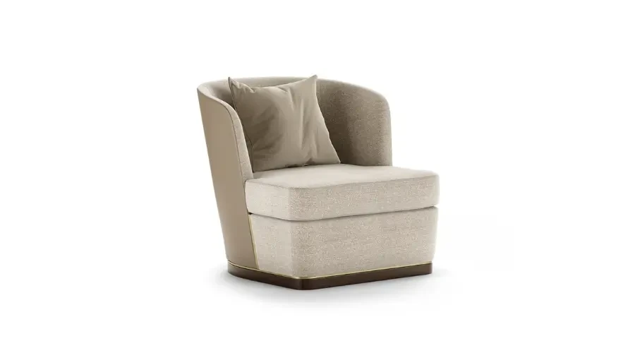 Modern accent chair with soft beige upholstery, a curved backrest, and a matching cushion for contemporary bedroom or living room interiors.