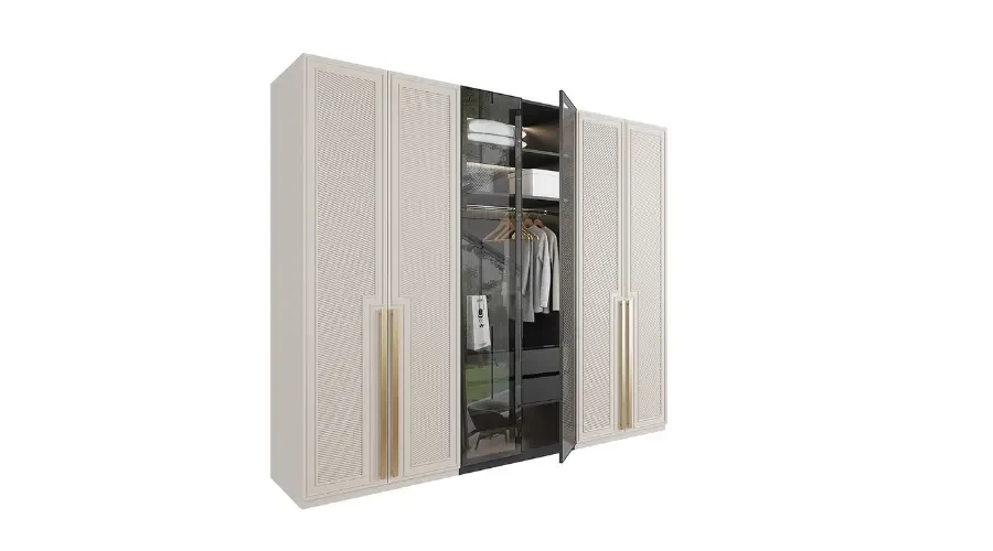 Modern wardrobe cabinet with elegant cream-colored doors, gold handles, and a central glass section showcasing organized hanging clothes and shelves.