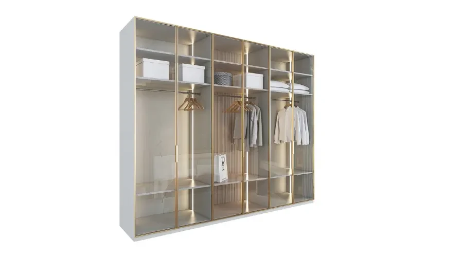 Luxury open wardrobe with glass doors, gold trim, and integrated lighting, featuring multiple shelves and hanging space for a modern bedroom.