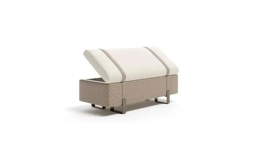Luxury bedroom bench with quilted sides and a soft upholstered seat featuring a flip-top design for hidden storage.
