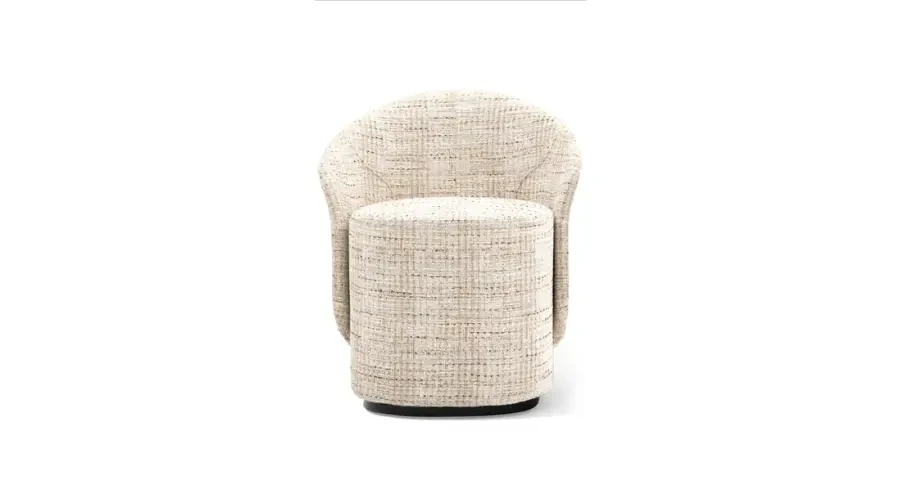 Modern upholstered pouf with a curved backrest and textured beige fabric, ideal for stylish bedroom seating.