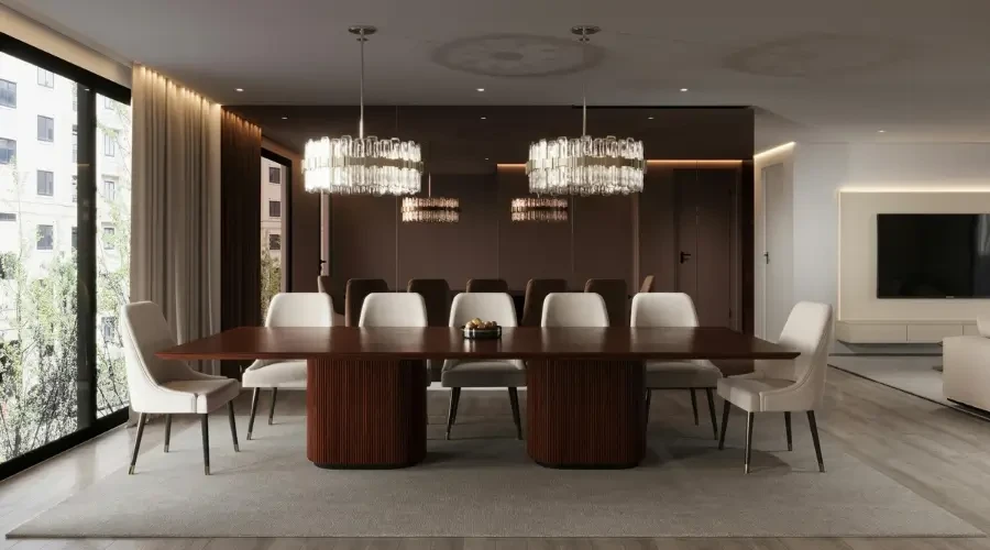 Elegant modern dining room design furniture with custom wood dining table and upholstered chairs in a luxury Dubai apartment