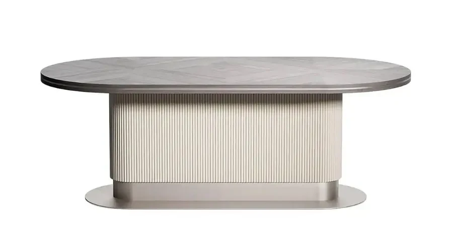 Custom oval dining table designed for modern dining room design furniture with textured base and elegant surface