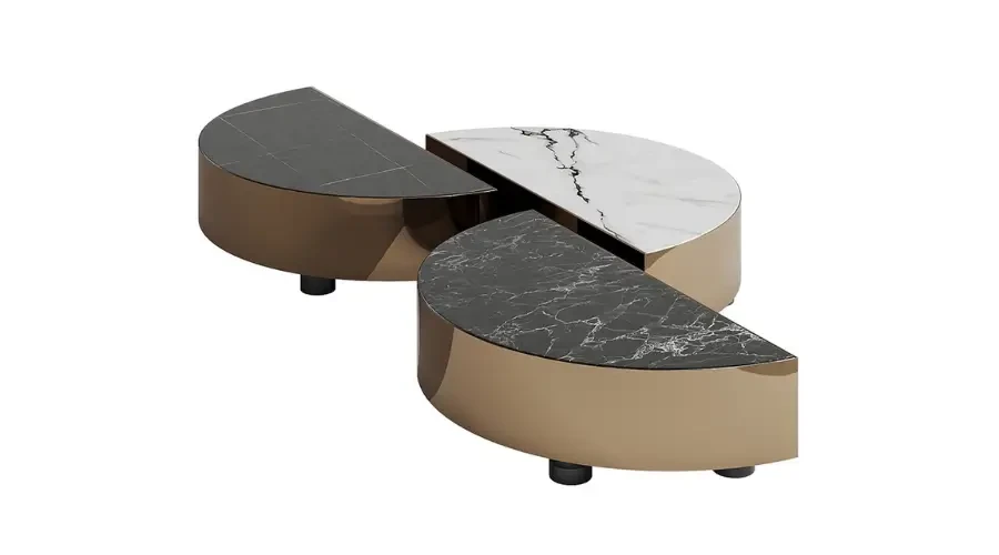 Contemporary marble coffee table set with black and white tops and bronze base for modern luxury interiors