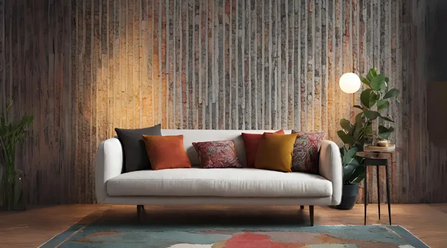 Modern minimalist sofa with mixed colorful cushions in a cozy contemporary living room interior