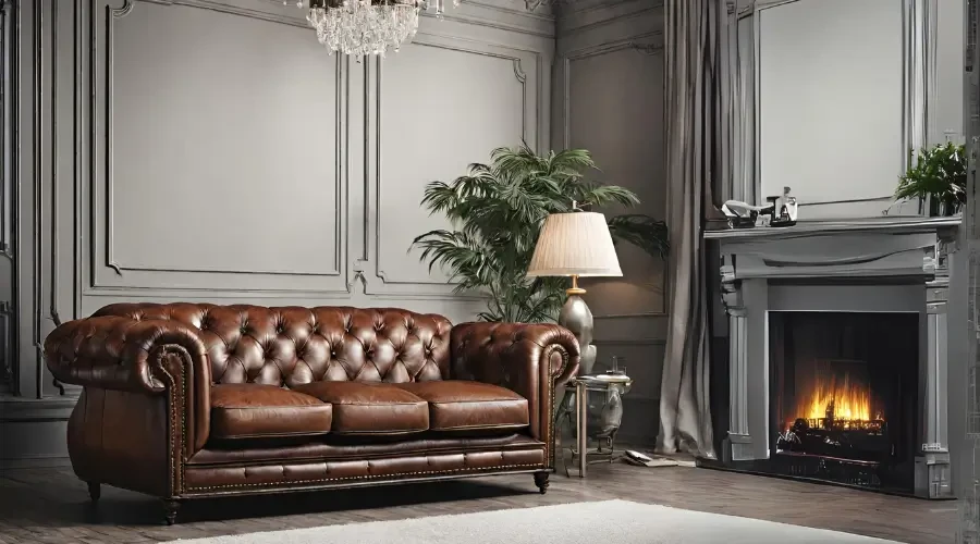 Elegant brown leather Chesterfield sofa in a luxury classic living room with fireplace and vintage decor
