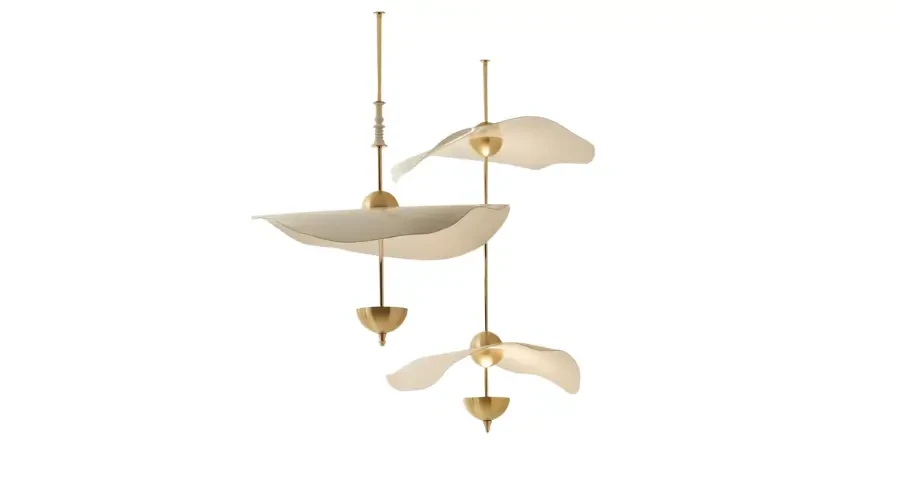 Modern sculptural pendant light with flowing leaf-like forms in gold finish for elegant contemporary spaces
