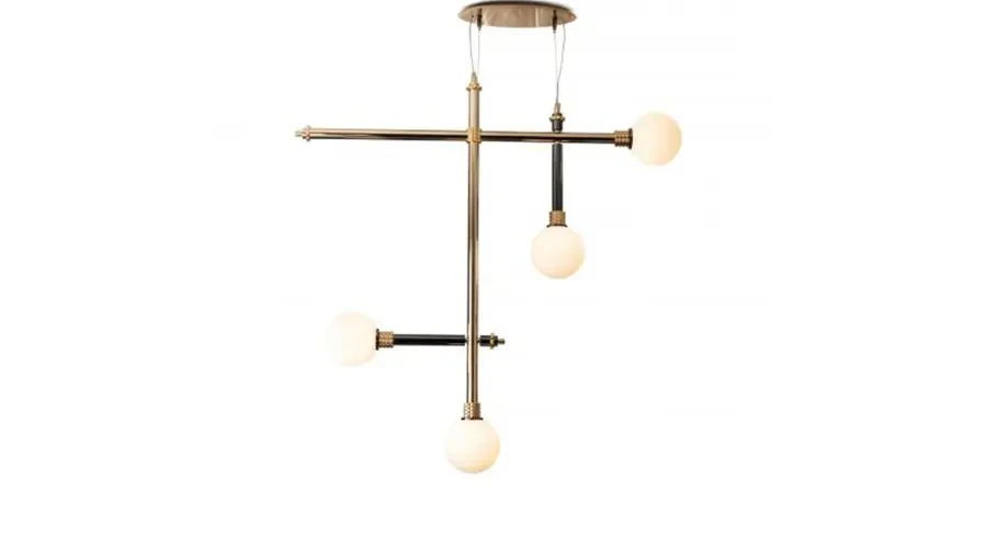 Minimalist pendant chandelier light with brass cross frame and globe bulbs for stylish modern interiors