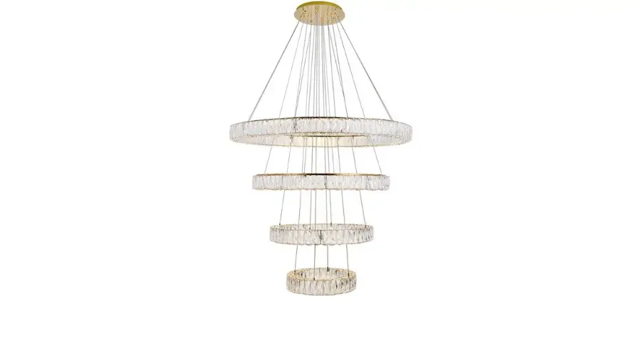 Luxury multi-tier crystal chandelier with five circular layers suspended from gold ceiling mount for grand interiors