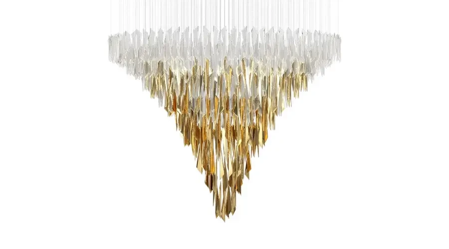 Luxury inverted chandelier with cascading gold and clear glass elements, ideal for high-ceiling spaces