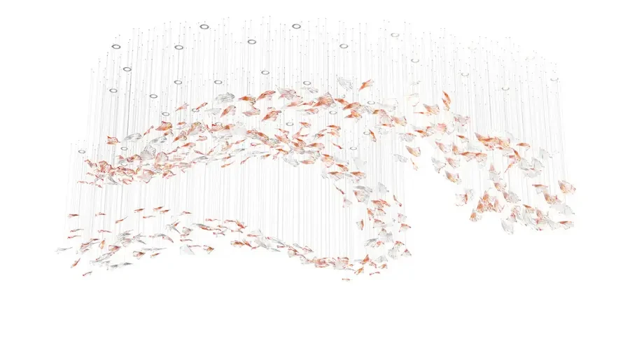 Custom ceiling chandelier with cascading glass leaves in red and clear tones for artistic luxury interiors
