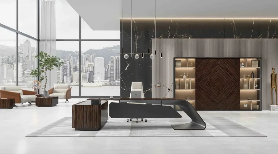 Luxury custom-made office interior with modern executive desk, bespoke shelving, designed for high-end spaces in Dubai.