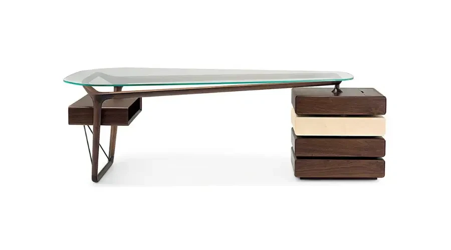 Contemporary custom-made office desk with glass top and artistic wooden base – unique design for upscale executive environments.