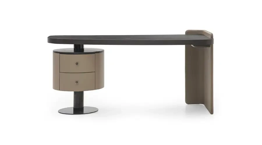 Designer custom office desk with round drawer unit and sleek black surface – tailored for stylish modern offices in Dubai.