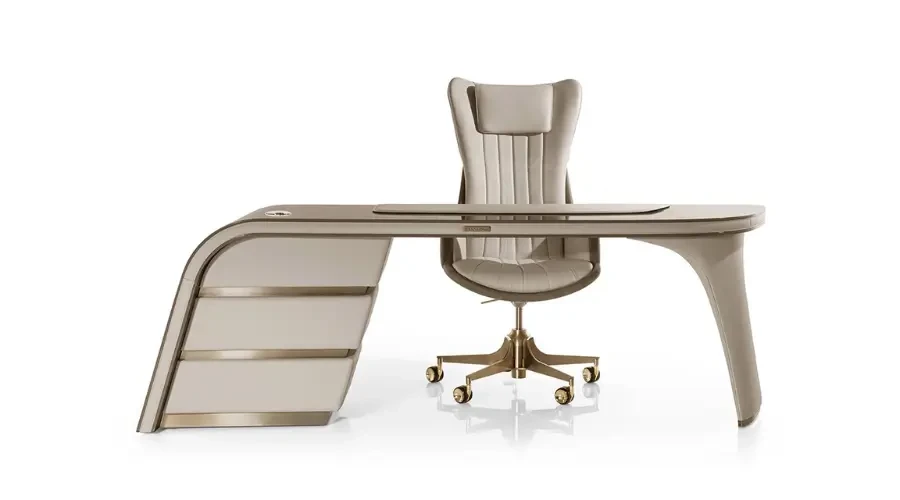 Luxury executive office desk and chair set with curved custom-made design – ideal for premium corporate interiors and CEO offices.